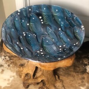 Handcrafted Blue Fish Design Bird Bath Bowl